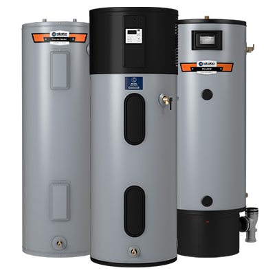 Three example tank water heaters side-by-side.