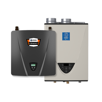 Two example tankless water heaters side-by-side.