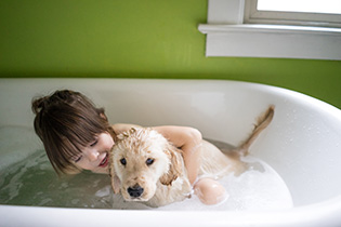 A small child and a dog in the bath together.